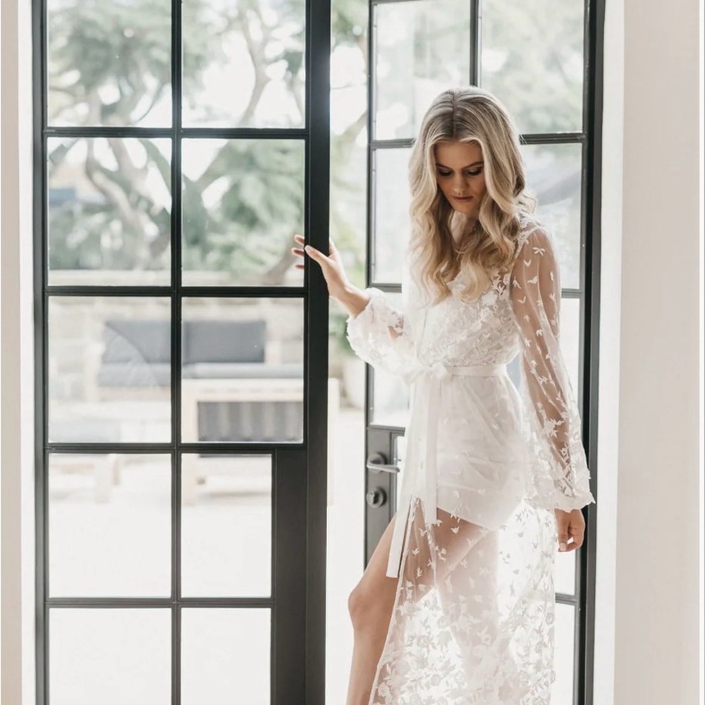 Sheer Floral Lace Robe + Silk Dress - White